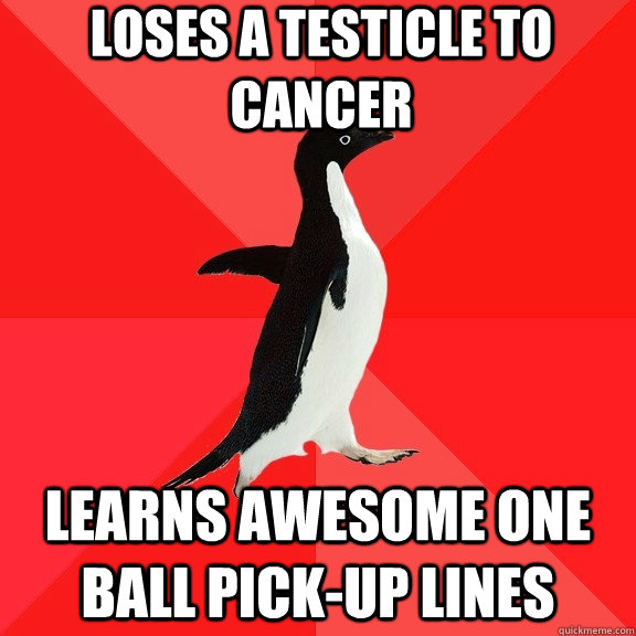 Loses a testicle to cancer Learns awesome one ball pick-up lines  Socially Awesome Penguin