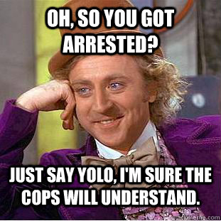 Oh, so you got arrested? Just say YOLO, I'm sure the cops will understand.  - Oh, so you got arrested? Just say YOLO, I'm sure the cops will understand.   Condescending Wonka