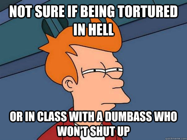 Not sure if being tortured in hell Or in class with a dumbass who won't shut up  Futurama Fry