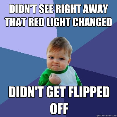 didn't see right away that red light changed Didn't get flipped off  Success Kid