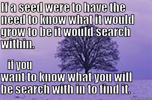 IF A SEED WERE TO HAVE THE            NEED TO KNOW WHAT IT WOULD        GROW TO BE IT WOULD SEARCH          WITHIN.                                                                                                IF YOU                                                          WANT TO KNOW WHAT YOU WILL         BE SEARCH WITH IN TO FIND IT.          Misc