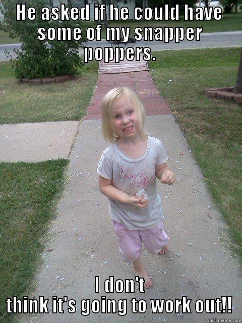 HE ASKED IF HE COULD HAVE SOME OF MY SNAPPER POPPERS. I DON'T THINK IT'S GOING TO WORK OUT!! Misc