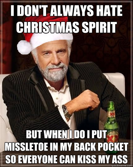 i don't always hate christmas spirit but when i do i put missletoe in my back pocket so everyone can kiss my ass - i don't always hate christmas spirit but when i do i put missletoe in my back pocket so everyone can kiss my ass  the most interesting man in the world Christmas edition