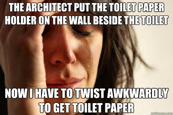 The architect put the toilet paper holder on the wall beside the toilet Now I have to twist awkwardly to get toilet paper  First World Problems