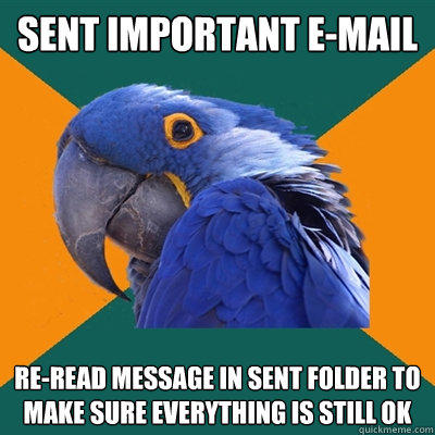 SENT IMPORTANT E-MAIL RE-READ MESSAGE IN SENT FOLDER TO MAKE SURE EVERYTHING IS STILL OK - SENT IMPORTANT E-MAIL RE-READ MESSAGE IN SENT FOLDER TO MAKE SURE EVERYTHING IS STILL OK  Paranoid Parrot