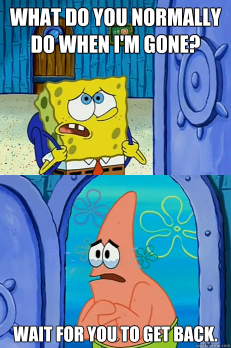What do you normally do when I'm gone? Wait for you to get back. - What do you normally do when I'm gone? Wait for you to get back.  Temporary Lonely Patrick