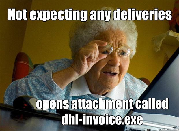 Not expecting any deliveries opens attachment called dhl-invoice.exe  Grandma finds the Internet