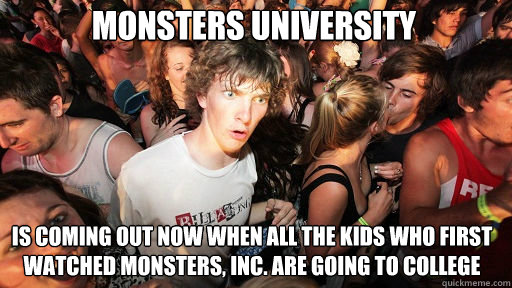 Monsters University is coming out now when all the kids who first watched Monsters, Inc. are going to college  Sudden Clarity Clarence