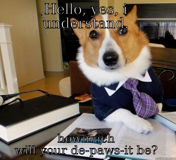 HELLO, YES, I UNDERSTAND. HOWMUCH WILL YOUR DE-PAWS-IT BE? Lawyer Dog