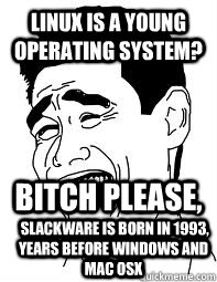 Linux is a young operating system? Bitch please,  Slackware is born in 1993, years before windows and mac osx  Bitch please