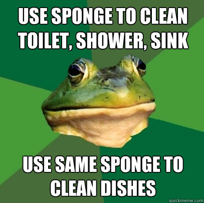 Use sponge to clean toilet, shower, sink Use same sponge to clean dishes  Foul Bachelor Frog