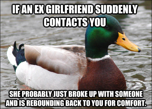 If an ex girlfriend suddenly contacts you she probably just broke up with someone and is rebounding back to you for comfort. - If an ex girlfriend suddenly contacts you she probably just broke up with someone and is rebounding back to you for comfort.  Actual Advice Mallard