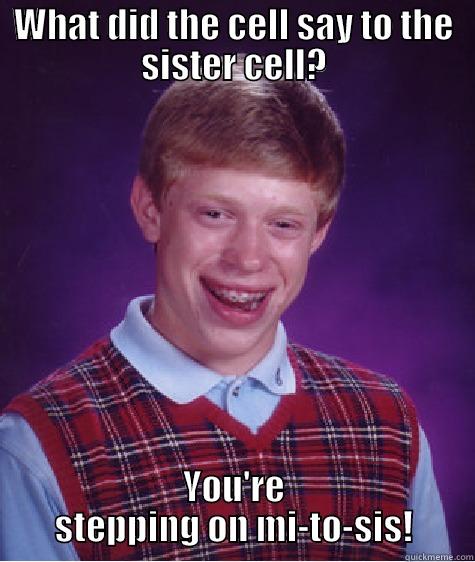 Biology Meme - WHAT DID THE CELL SAY TO THE SISTER CELL? YOU'RE STEPPING ON MI-TO-SIS! Bad Luck Brian