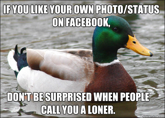 If you like your own photo/status on Facebook, Don't be surprised when people call you a loner.  Actual Advice Mallard