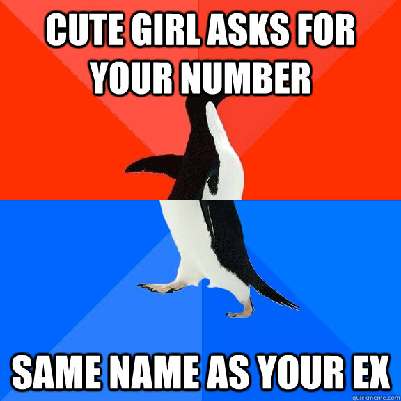 Cute girl asks for your number Same name as your ex  Socially Awesome Awkward Penguin