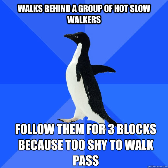 walks behind a group of hot slow walkers Follow them for 3 blocks because too shy to walk pass    Socially Awkward Penguin