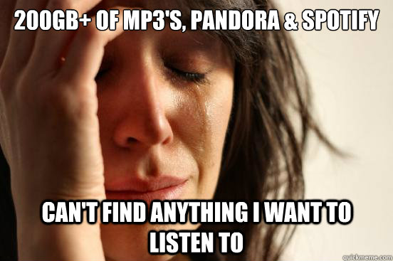 200GB+ of mp3's, Pandora & Spotify Can't find anything i want to listen to  First World Problems