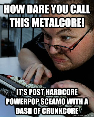 How dare you call this metalcore! it's post hardcore powerpop sceamo with a dash of crunkcore - How dare you call this metalcore! it's post hardcore powerpop sceamo with a dash of crunkcore  Labeling Larry