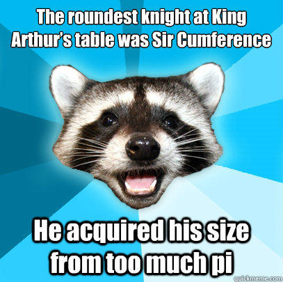 The roundest knight at King Arthur’s table was Sir Cumference He acquired his size from too much pi - The roundest knight at King Arthur’s table was Sir Cumference He acquired his size from too much pi  Lame Pun Coon