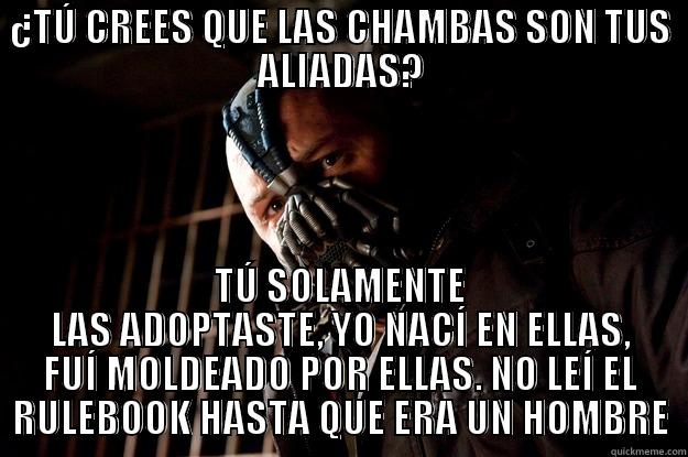 ¿TÚ CREES QUE LAS CHAMBAS SON TUS ALIADAS? TÚ SOLAMENTE LAS ADOPTASTE, YO NACÍ EN ELLAS, FUÍ MOLDEADO POR ELLAS. NO LEÍ EL RULEBOOK HASTA QUE ERA UN HOMBRE Angry Bane