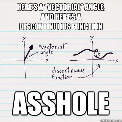 Here’s a “vectorial” angle,
and here’s a
discontinuous function ASSHOLE - Here’s a “vectorial” angle,
and here’s a
discontinuous function ASSHOLE  Vectorial Angle and Discontinuous Function