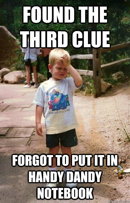 Found the third clue forgot to put it in handy dandy notebook  Regretful Toddler