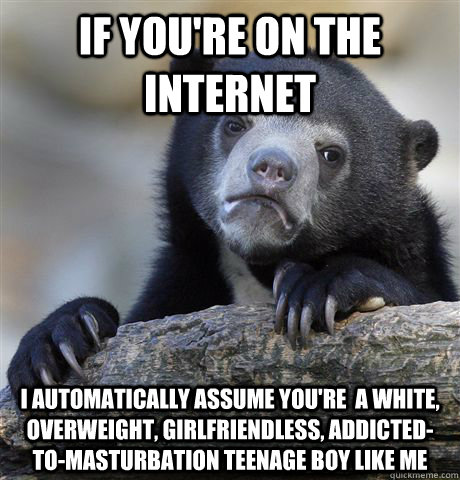 if you're on the internet I automatically assume you're  a white, overweight, girlfriendless, addicted-to-masturbation teenage boy like me  Confession Bear