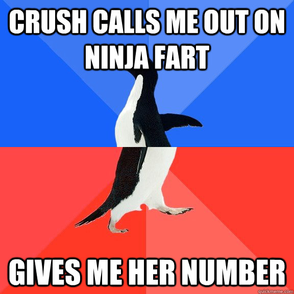 Crush calls me out on ninja fart Gives me her number - Crush calls me out on ninja fart Gives me her number  Socially Awkward Awesome Penguin