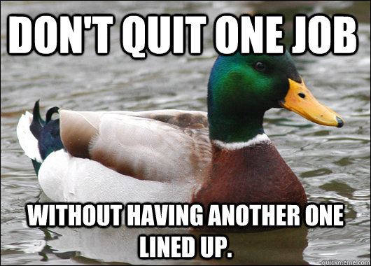 Don't quit one job Without having another one lined up.  - Don't quit one job Without having another one lined up.   Actual Advice Mallard