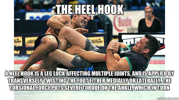 THE HEEL HOOK A heel hook is a leg lock affecting multiple joints, and is applied by transversely twisting the foot either medially or laterally. The torsional force puts severe torque on the ankle, which in turn transfers torque to the knee - THE HEEL HOOK A heel hook is a leg lock affecting multiple joints, and is applied by transversely twisting the foot either medially or laterally. The torsional force puts severe torque on the ankle, which in turn transfers torque to the knee  BOOGY MAN