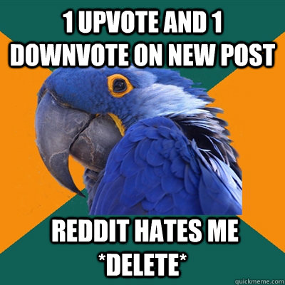 1 upvote and 1 downvote on new post  reddit hates me  *Delete*  Paranoid Parrot