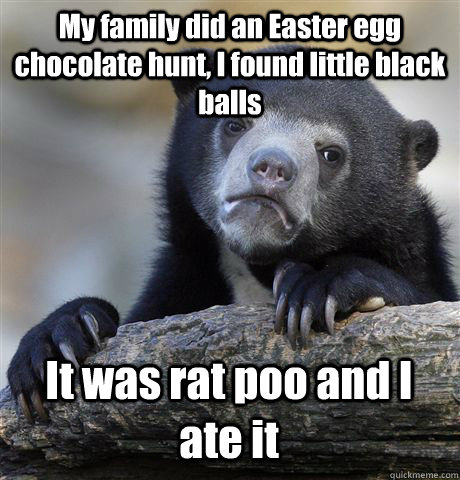 My family did an Easter egg chocolate hunt, I found little black balls It was rat poo and I ate it  Confession Bear