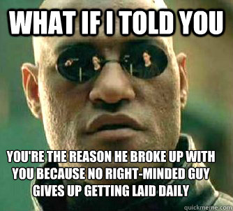 What if I told you you're the reason he broke up with you because no right-minded guy gives up getting laid daily  What if I told you