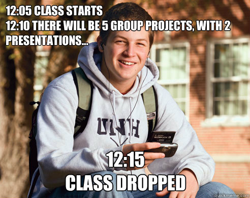 12:05 class starts 
12:10 there will be 5 group projects, with 2 presentations... 12:15
Class dropped  College Freshman