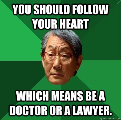 You should follow your heart Which means Be a doctor or a lawyer.  High Expectations Asian Father