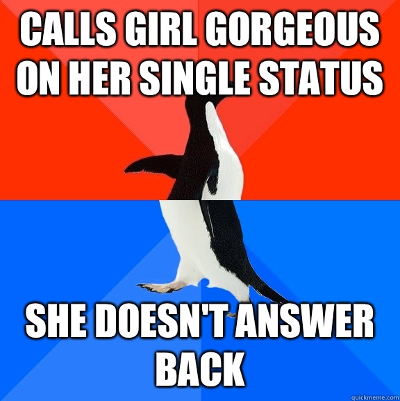 Calls girl gorgeous on her single status she doesn't answer back  Socially Awesome Awkward Penguin