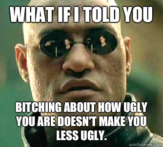 What if I told you Bitching about how ugly you are doesn't make you less ugly.  What if I told you