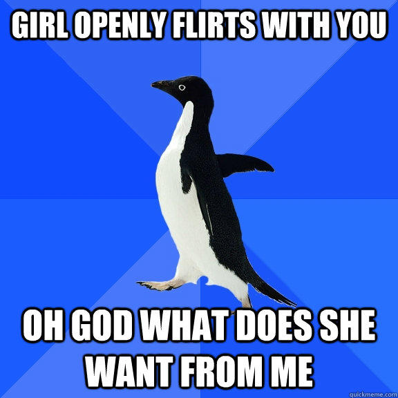 girl openly flirts with you oh god what does she want from me  Socially Awkward Penguin