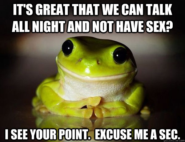 it's great that we can talk all night and not have sex? I see your point.  Excuse me a sec. - it's great that we can talk all night and not have sex? I see your point.  Excuse me a sec.  Fascinated Frog