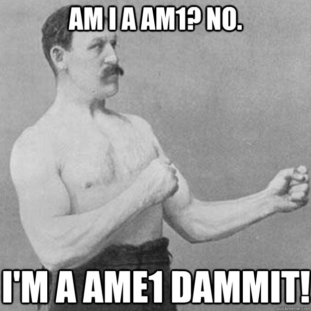 am I a am1? no. i'm a ame1 dammit!  overly manly man