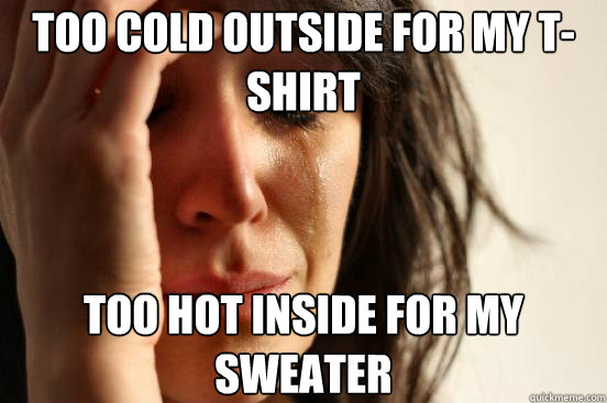 Too cold outside for my t-shirt Too hot inside for my sweater  First World Problems