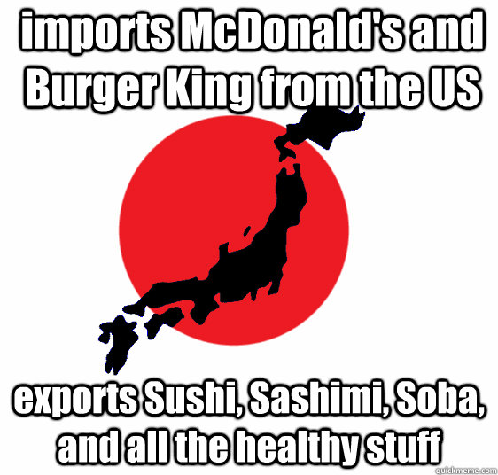 imports McDonald's and Burger King from the US exports Sushi, Sashimi, Soba, and all the healthy stuff - imports McDonald's and Burger King from the US exports Sushi, Sashimi, Soba, and all the healthy stuff  Good Guy Japan