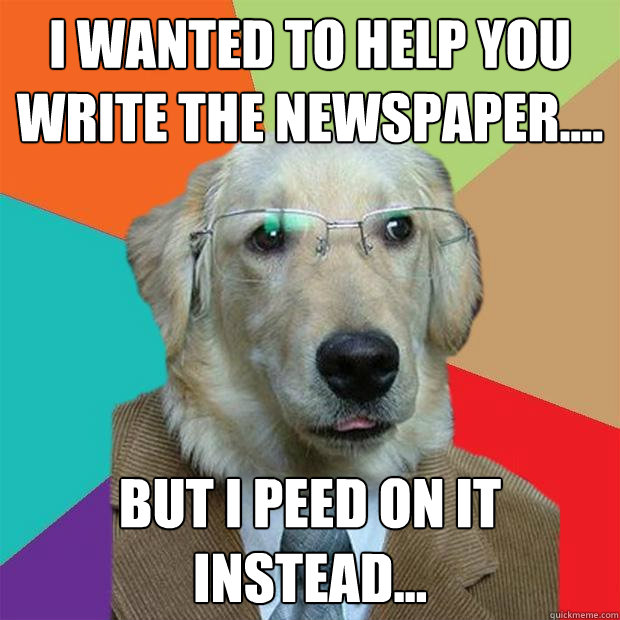 i wanted to help you write the newspaper.... but i peed on it instead...  Business Dog