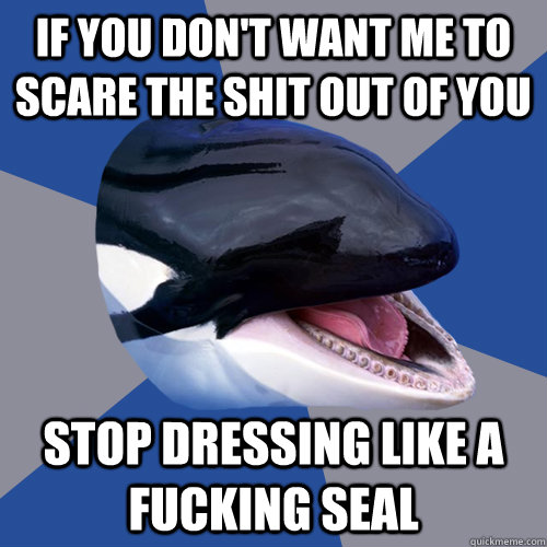 If you don't want me to scare the shit out of you stop dressing like a fucking seal - If you don't want me to scare the shit out of you stop dressing like a fucking seal  Overprotective Orca