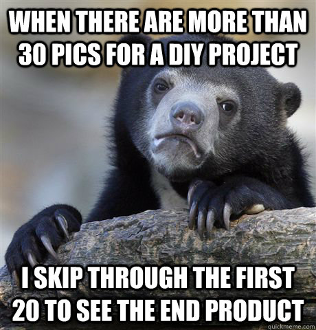 When there are more than 30 pics for a DIY project I skip through the first 20 to see the end product  Confession Bear