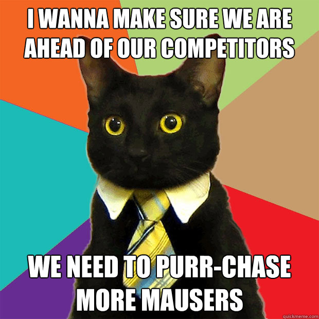 I wanna make sure we are ahead of our competitors We need to purr-chase more mausers  Business Cat
