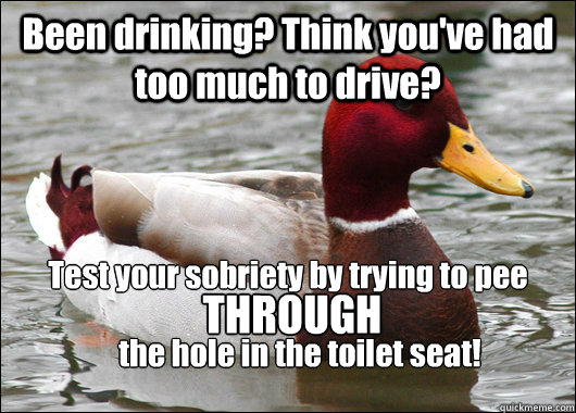 Been drinking? Think you've had too much to drive? Test your sobriety by trying to pee THROUGH the hole in the toilet seat!  Malicious Advice Mallard