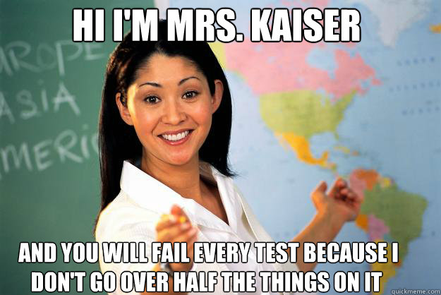 hi i'm mrs. Kaiser  and you will fail every test because i don't go over half the things on it  Unhelpful High School Teacher