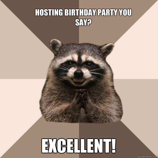 Hosting birthday party you say? Excellent!  Evil Plotting Raccoon