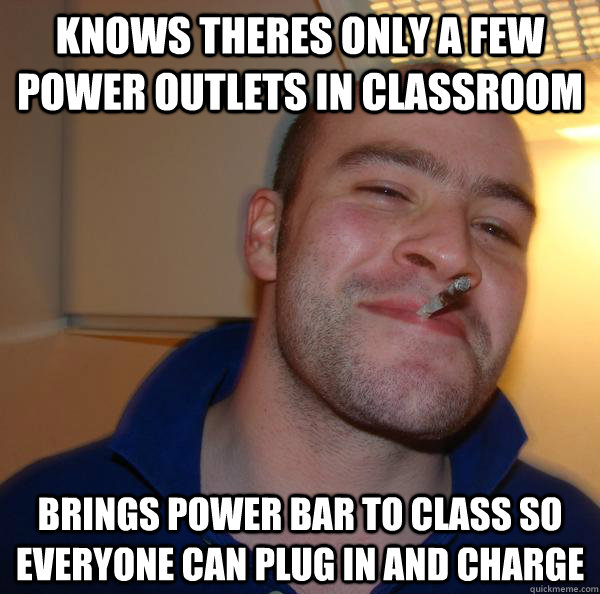 knows theres only a few power outlets in classroom brings power bar to class so everyone can plug in and charge - knows theres only a few power outlets in classroom brings power bar to class so everyone can plug in and charge  Misc